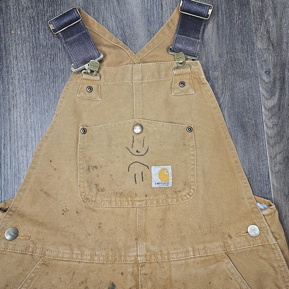 Carhartt Youth Duck Bib Overalls Insulated Double Knee Brown Tan Utility 14 Line - Picture 4 of 14